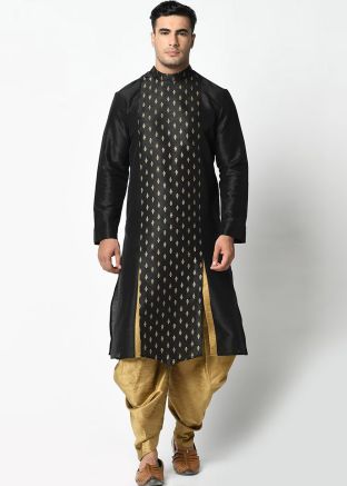 Black Readymade Printed Dupion Silk Men Indowestern Dhoti Kurta