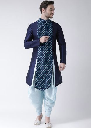Blue Readymade Dupion Silk Men Indowestern Dhoti Kurta In Print