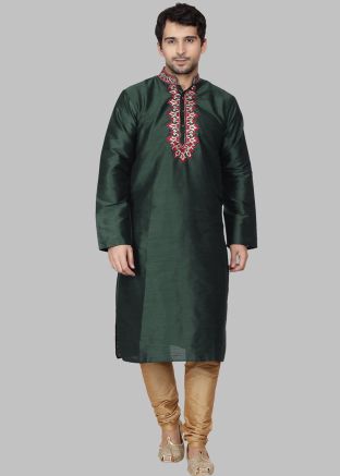 Readymade Dupion Silk Men Kurta Pajama In Green