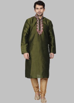 Green Readymade Men Kurta Pajama In Dupion Silk