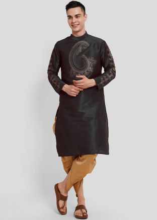 Black Readymade Dupion Silk Men Kurta & Dhoti