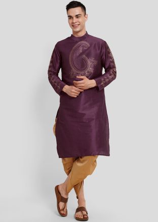 Purple Readymade Men Kurta Dhoti In Dupion Silk