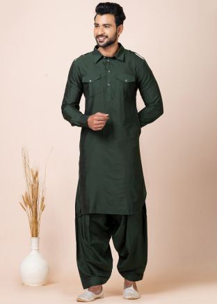 Mens Bottle Green Plain Pathani Suit