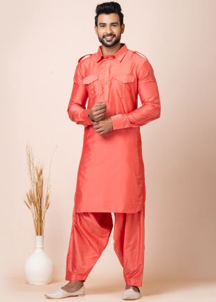 Readymade Orange Mens Pathani Suit