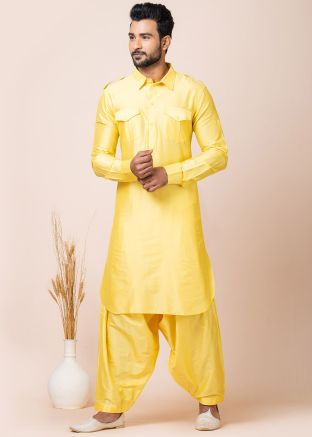 Readymade Yellow Pathani Suit In Viscose
