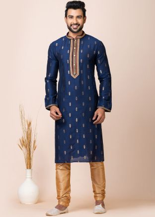 Blue Readymade Jacquard Silk Kurta Pajama In Zari Work