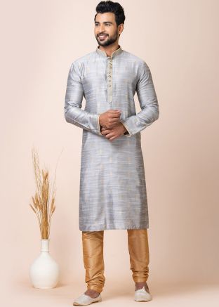 Grey Readymade Zari Jacquard Silk Kurta Pajama