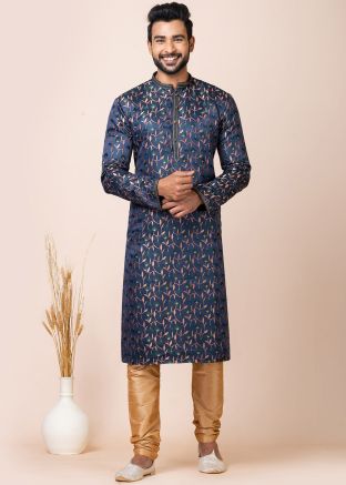 Blue Zari Work Readymade Jacquard Silk Kurta Pajama