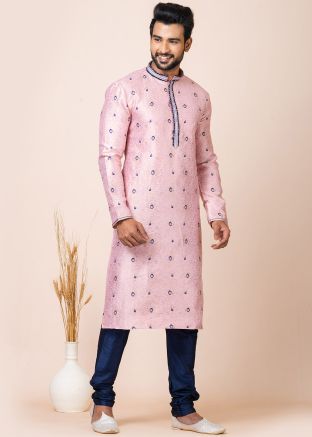 Peach Woven Work Kurta Pajama In Jacquard Silk 