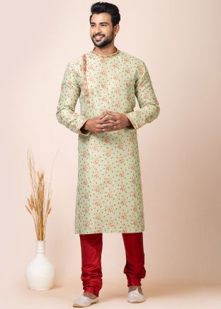 Pastel Green Zari Woven Jacquard Silk Kurta Pajama 