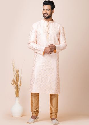 Readymade Zari Kurta Jacquard Silk Pajama In Cream
