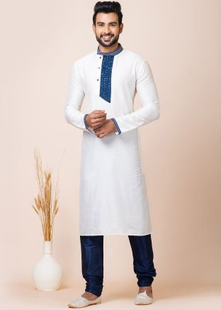 White Readymade Viscose Men Kurta Pajama
