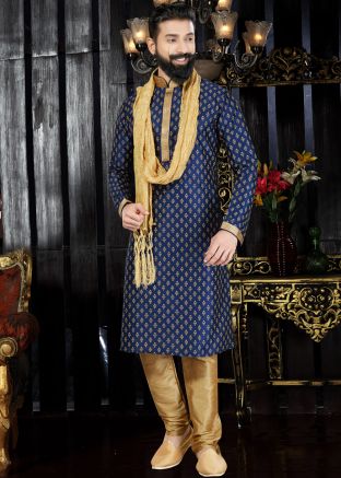 Readymade Blue Art Silk Printed Kurta Pajama Set With Stole