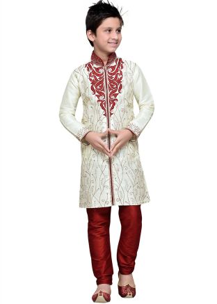 Readymade Off White Art Silk Kids Kurta Pajama