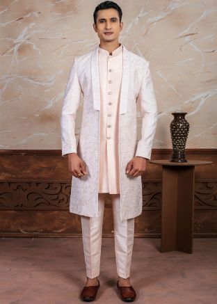 Peach Jacket Style Embroidered Indo Western Sherwani