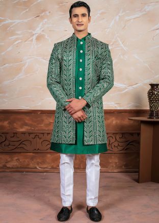 Green Indo Western Sherwani & Jacket In Thread Embroidery