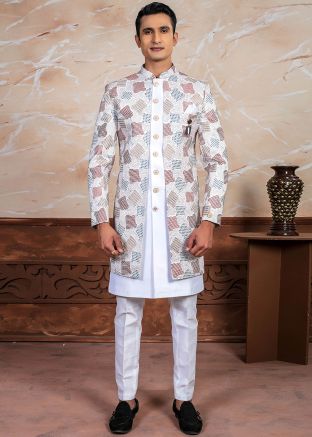 Off White Embroidered Readymade Art silk Indowestwern Sherwani
