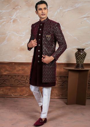 Embroidered Readymade Velvet Indowestwern Sherwani In Maroon