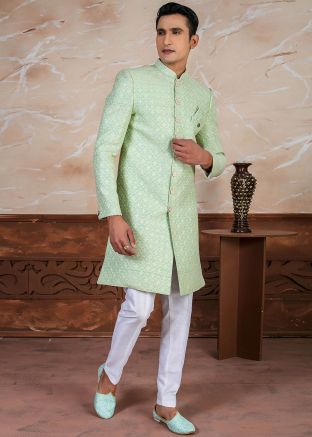 Pastel Green Embroidered Readymade Indowestern Sherwani In Art Silk