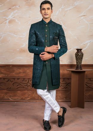 Green Embroidered Readymade Indowestern Sherwani In Jacquard