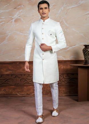 Cream Embroidered Readymade Art silk Indowestwern Sherwani