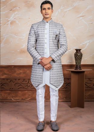 Grey Embroidered Readymade Indowestern Sherwani In Art Silk