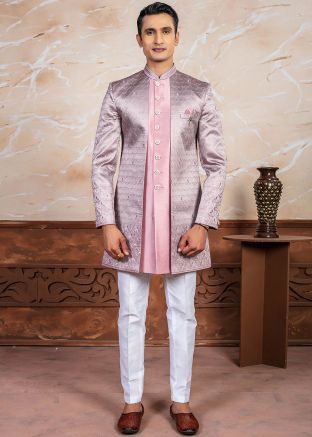 Pink Embroidered Readymade Indowestern Sherwani In Art Silk