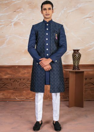 Blue Embroidered Readymade Indowestern Sherwani Set In Art Silk
