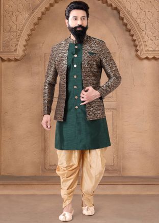 Green Readymade Indowestern Jacket style Sherwani In Art Silk