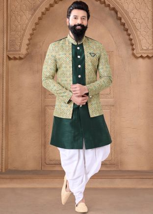 Green Readymade Indowestern Jacket Style Dhoti Sherwani In Art Silk