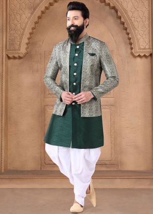 Readymade Indowestern Art Silk Dhoti Sherwani In Green