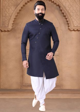 Blue Readymade Indowestern Plain Art Silk Dhoti Sherwani