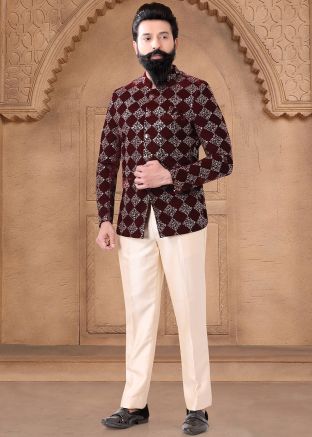 Readymade Velvet Men Bandhgala Jodhpuri Suit In Maroon 