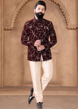 Maroon Readymade Velvet Men Bandhgala Jodhpuri Suit 