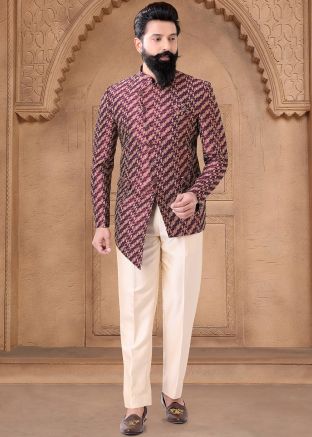 Red Readymade Jacquard Men Bandhgala Jodhpuri Suit Set