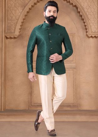 Green Readymade Jacquard Bandhgala Jodhpuri Suit 