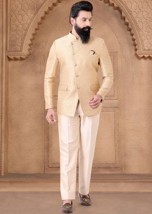 Golden Readymade Jacquard Bandhgala Jodhpuri Suit Set