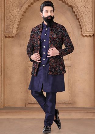 Blue Readymade Jacquard Indowestern Sherwani Suit In Embroidery