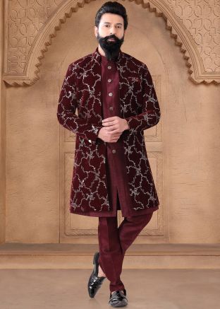 Maroon Readymade Art Silk Embroidered Indowestern Sherwani Suit