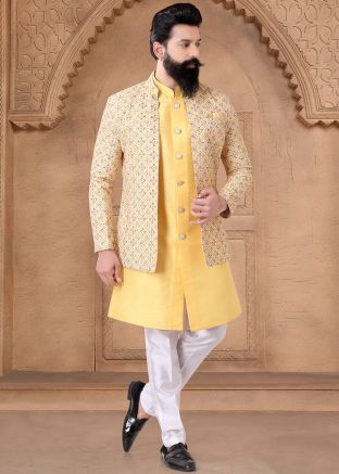 Readymade Art Silk Indowestern Jacket Style Sherwani In Yellow