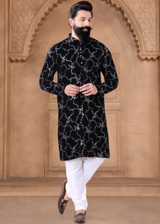 Black Readymade Men Embroidered Velvet Kurta Pajama Set