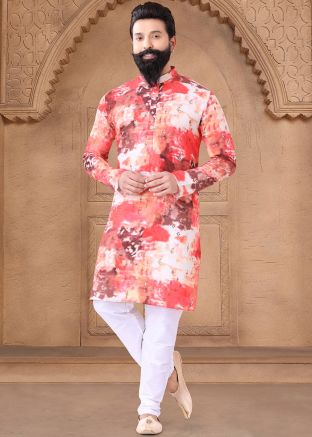 Multicolor Readymade Print Men Kurta Pajama In Cotton