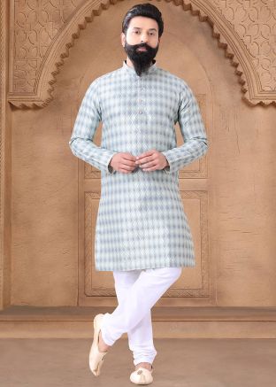 Readymade Woven Jacquard Men Kurta Pajama In Light Blue
