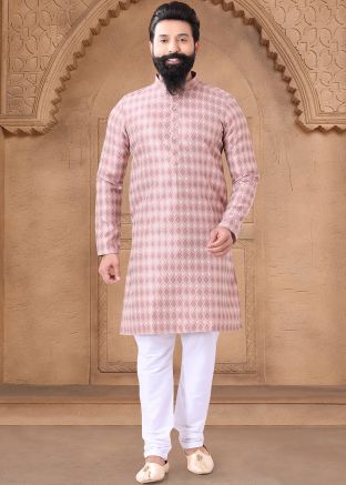 Pink Readymade Woven Jacquard Men Kurta Pajama 
