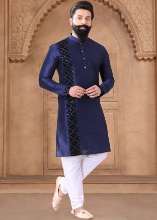 Blue Readymade Men Art Silk Kurta Pajama In Woven Work