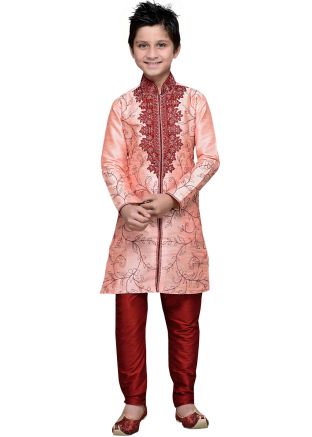 Readymade Light Pink Art Silk Kids Kurta Pajama