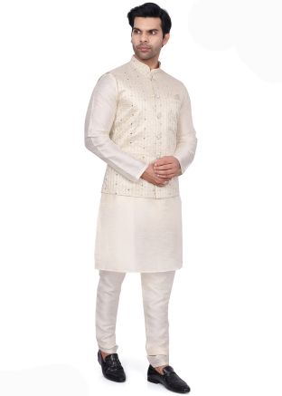 Cream Embroidered Mens Kurta Pajama With Nehru Jacket