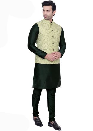 Green Embroidered Kurta Pajama With Nehru Jacket