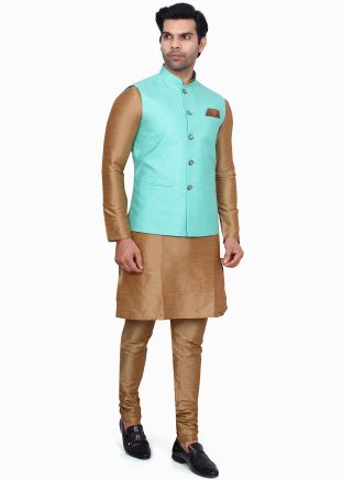 Brown Embroidered Mens Kurta Pajama In Art Silk