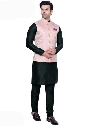 Green Woven Mens Kurta Pajama